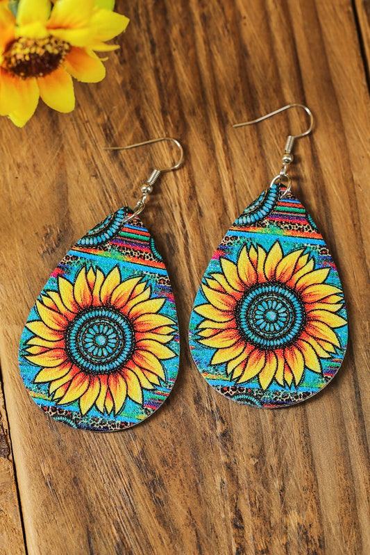 Light Blue Sunflower Print Color Block Tear Shape Drop Earrings